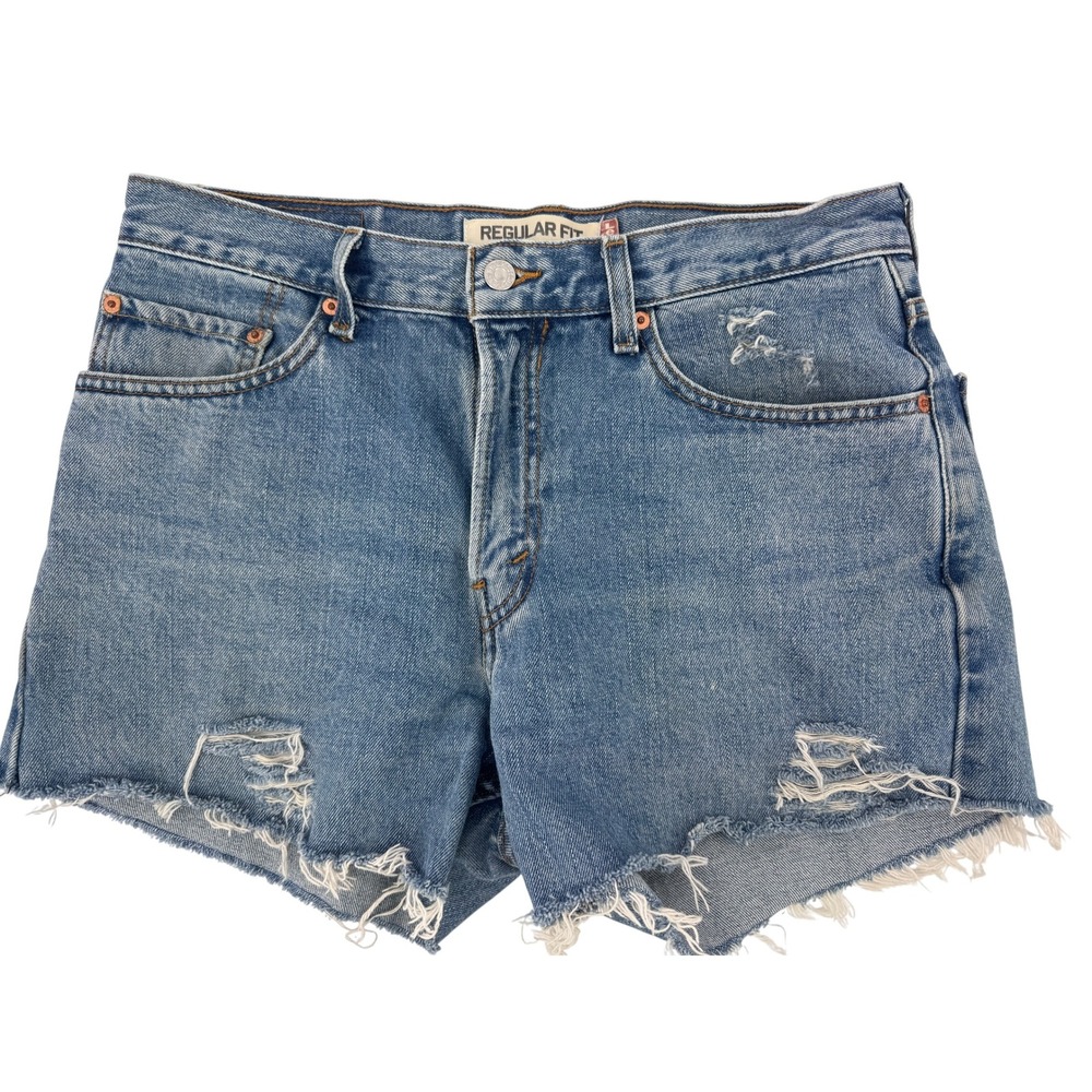 Levi's 505 Regular Fit Cut Off Jean Shorts W32 Distressed Frayed Hem Blue